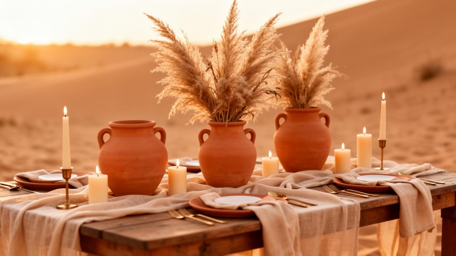 Terracotta-themed luxury event tablescape at golden hour